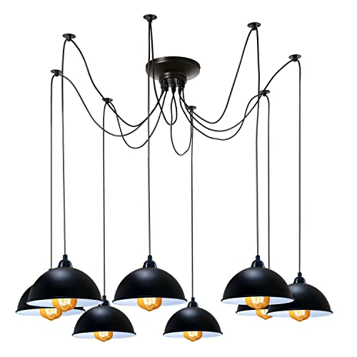 8 Light Spider Pendant – 2 m Adjustable Drops, Black, E27 - Black, 8 Black Domes, White Inside, Without Bulb