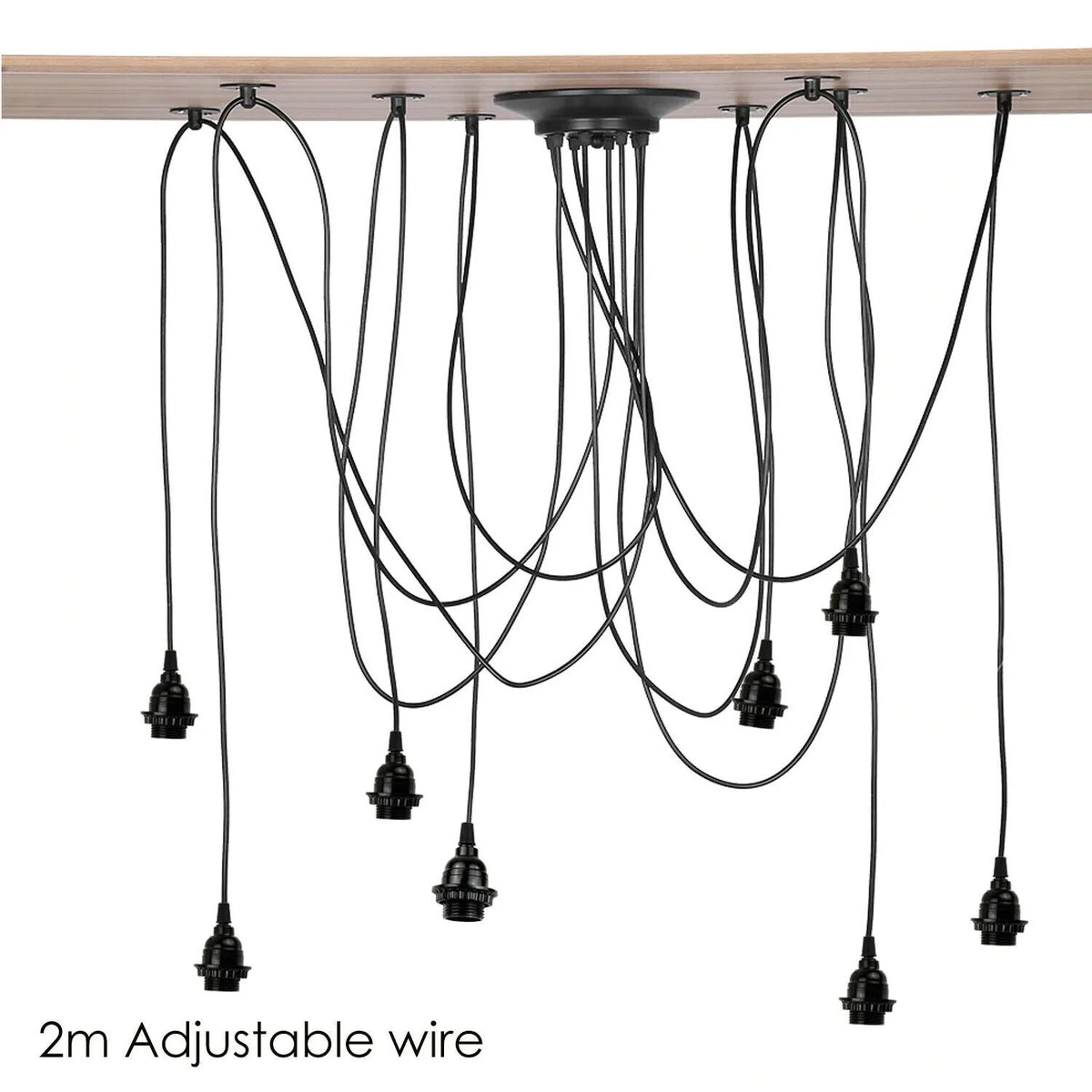 8 Light Spider Pendant – 2 m Adjustable Drops, Black, E27 - Black, No Shade (8 Holders), Without Bulb