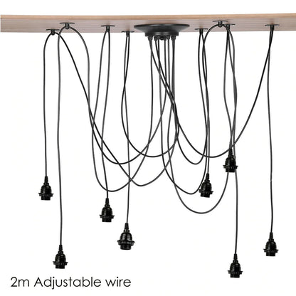 8 Light Spider Pendant – 2 m Adjustable Drops, Black, E27 - Black, No Shade (8 Holders), Without Bulb