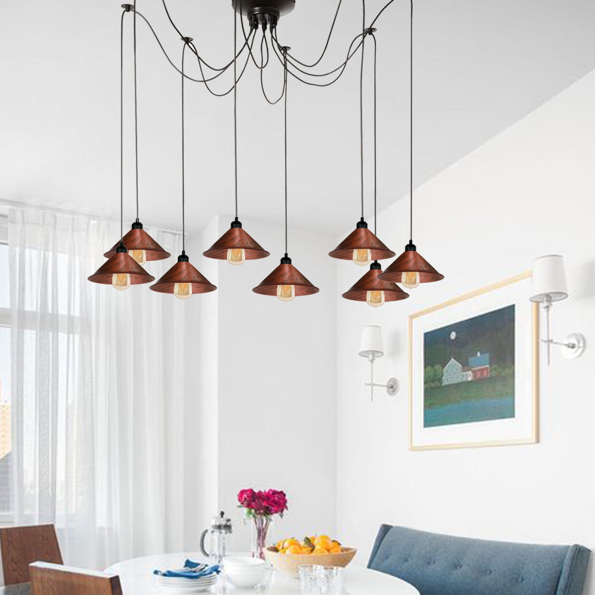 8 Light Spider Pendant – Adjustable Drops, 4 Shade Sets, E27 - photo 3