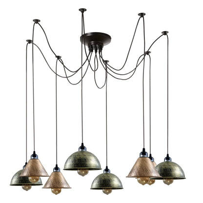 8 Light Spider Pendant – Adjustable Drops, 4 Shade Sets, E27 - Black, 4 Brass Domes + 4 Copper Cones, ST64 LED Bulb 4W