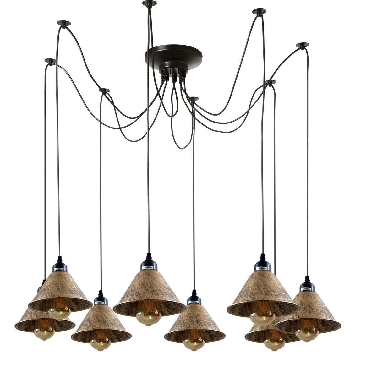 8 Light Spider Pendant – Adjustable Drops, 4 Shade Sets, E27 - Black, 8 Copper Small Cones, ST64 LED Bulb 4W