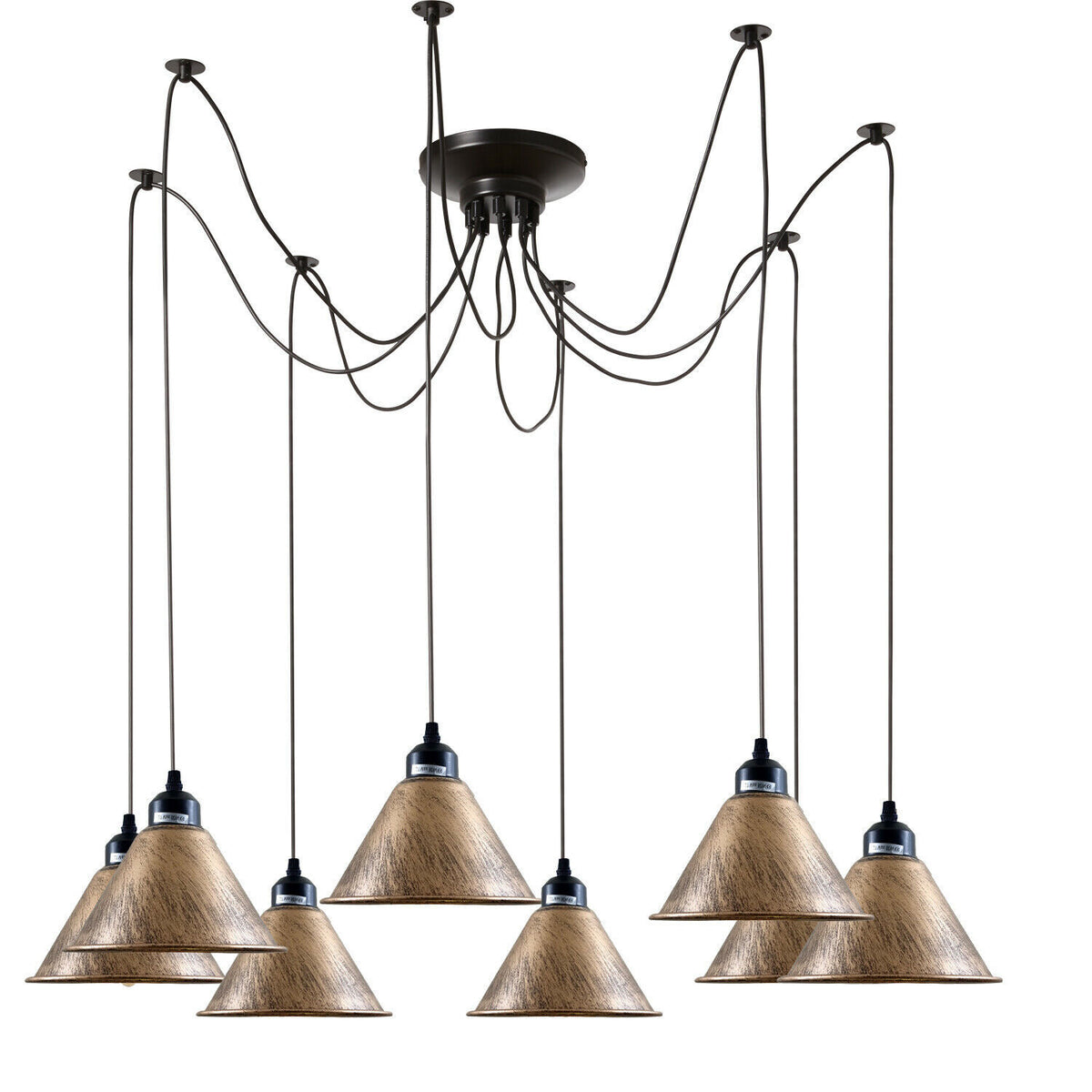 8 Light Spider Pendant – Adjustable Drops, 4 Shade Sets, E27 - Black, 8 Copper Small Cones, Without Bulb