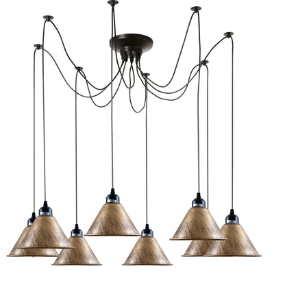 8 Light Spider Pendant – Adjustable Drops, 4 Shade Sets, E27 - Black, 8 Copper Small Cones, Without Bulb