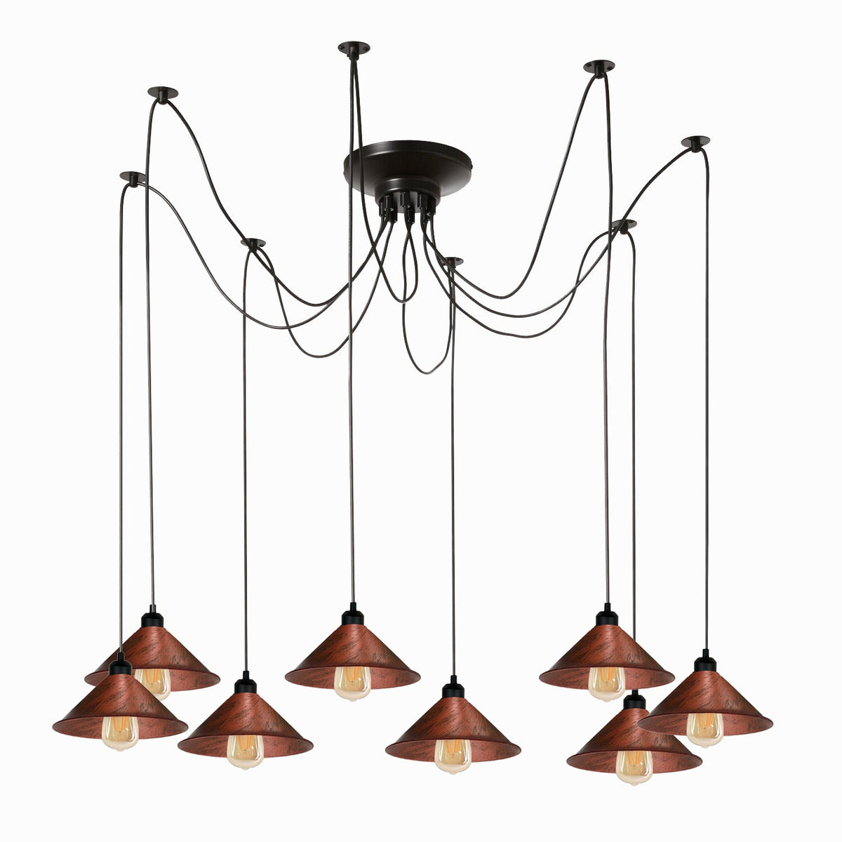 8 Light Spider Pendant – Adjustable Drops, 4 Shade Sets, E27 - Black, 8 Rustic Red Flat Cones, Without Bulb