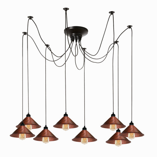 8 Light Spider Pendant – Adjustable Drops, 4 Shade Sets, E27 - Black, 8 Rustic Red Flat Cones, Without Bulb