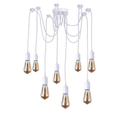 8-Light Spider Pendant – White Holders, Adjustable Cables - White, 8 Hooks, 12 cm Round Plate, Without Bulb