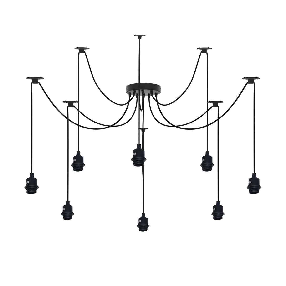 8-Light Spider Pendant – Silicone Holders, 2 m Cable, Black or White - Without Bulb, Black, No Shade