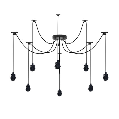 8-Light Spider Pendant – Silicone Holders, 2 m Cable, Black or White - Without Bulb, Black, No Shade