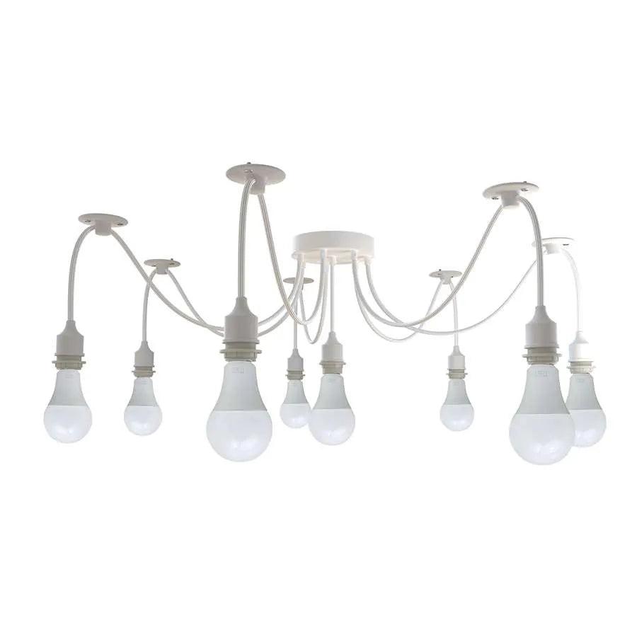 8-Light Spider Pendant – Silicone Holders, 2 m Cable, Black or White - With 8 Warm White LED Bulbs 12W, White, No Shade