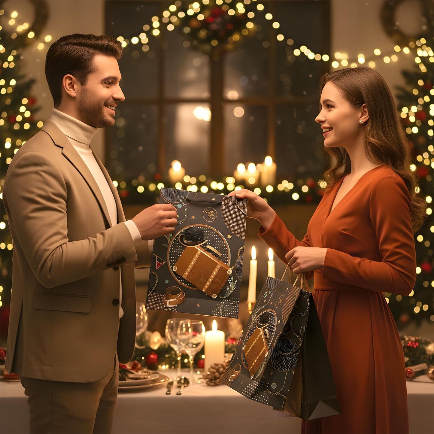 Man and woman exchanging gifts at a festive dinner table with Christmas decorations.