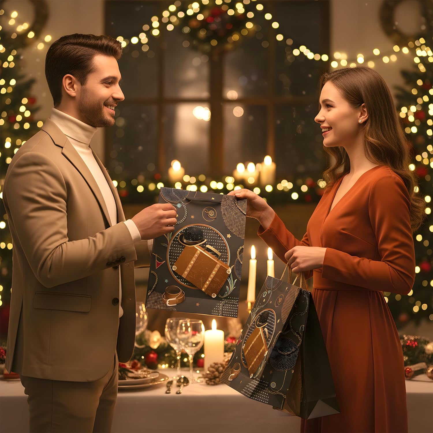 Man and woman exchanging gifts at a festive dinner table with Christmas decorations.