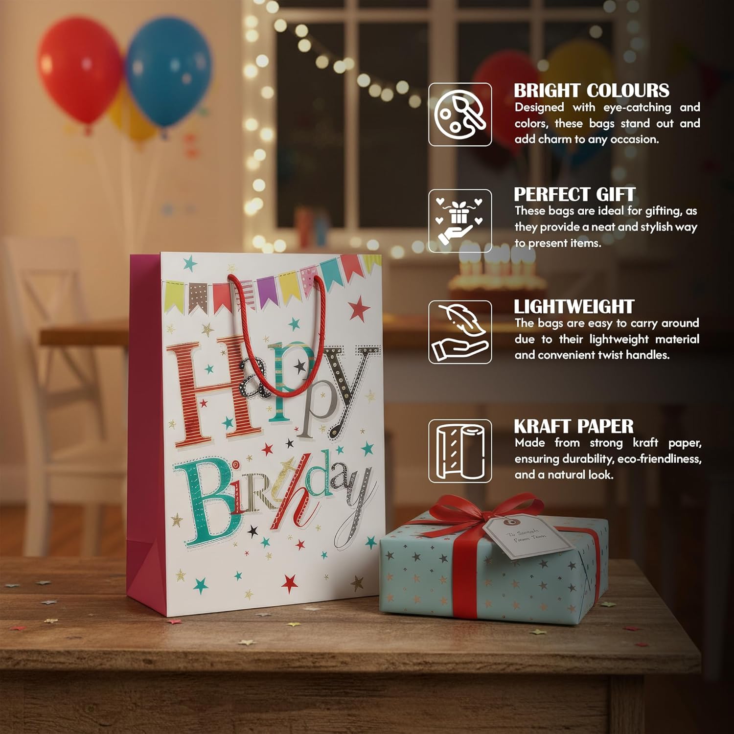 Birthday gift bag with colorful text and a small wrapped gift on a wooden surface.