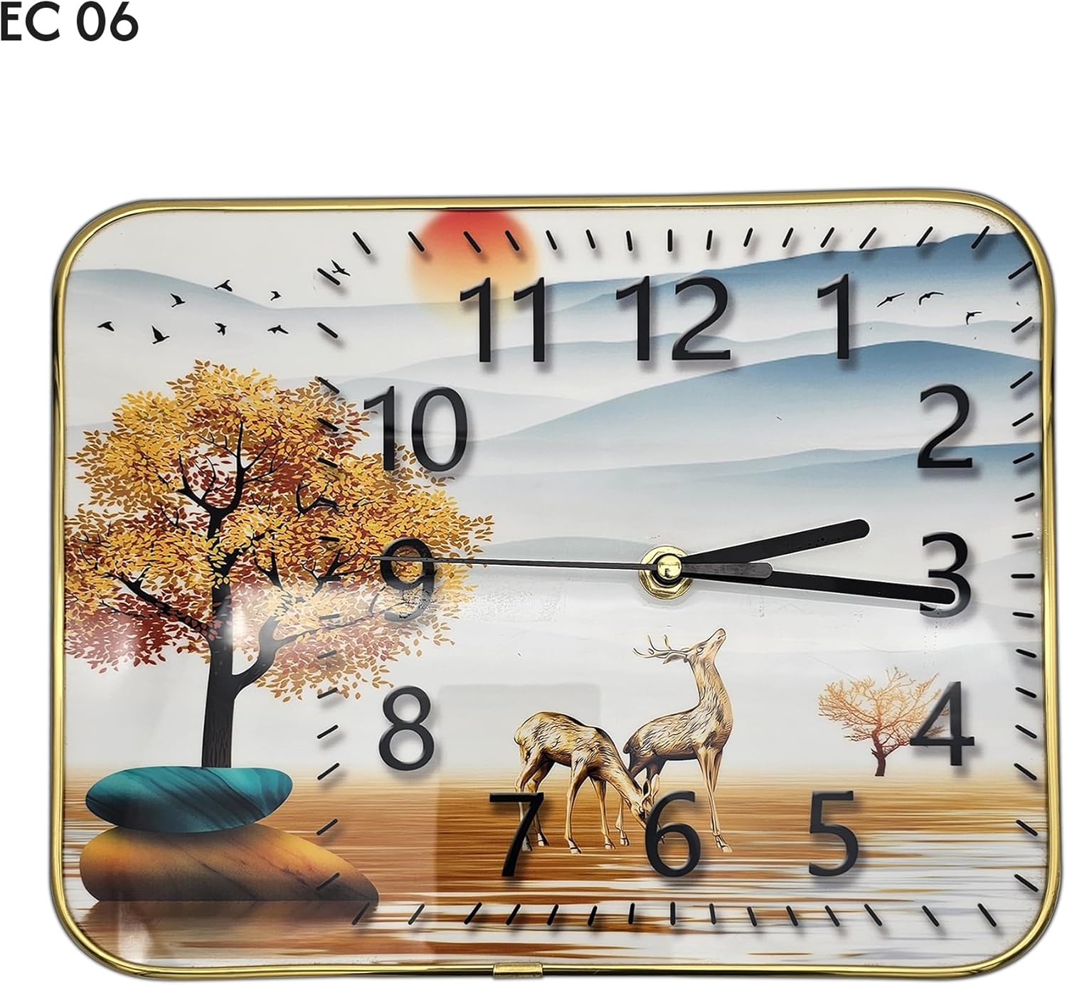 Decorative table clock with nature-themed design featuring trees and deer.
