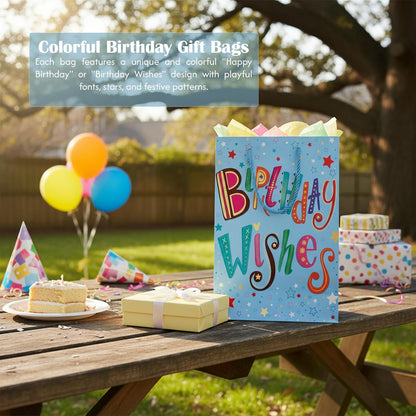 Birthday gift bag with 'Birthday Wishes' text on a table outdoors with balloons and cake.