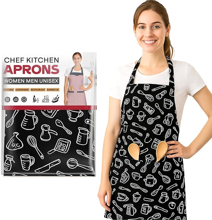 Woman wearing a black apron with white kitchen utensil patterns, next to a product packaging for Chef Kitchen Aprons.