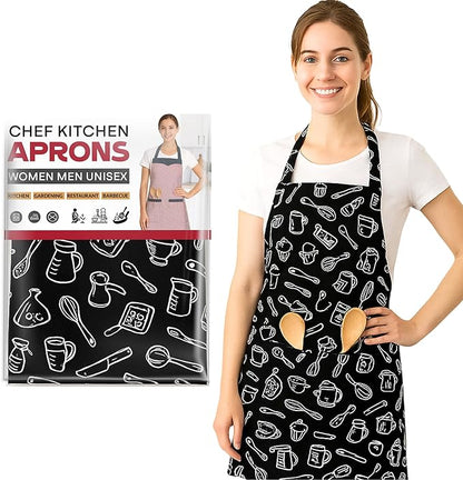 Woman wearing a black apron with white kitchen utensil patterns, next to a product packaging for Chef Kitchen Aprons.