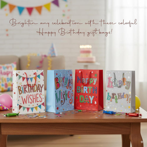 Colorful birthday gift bags on a table with celebratory decorations.