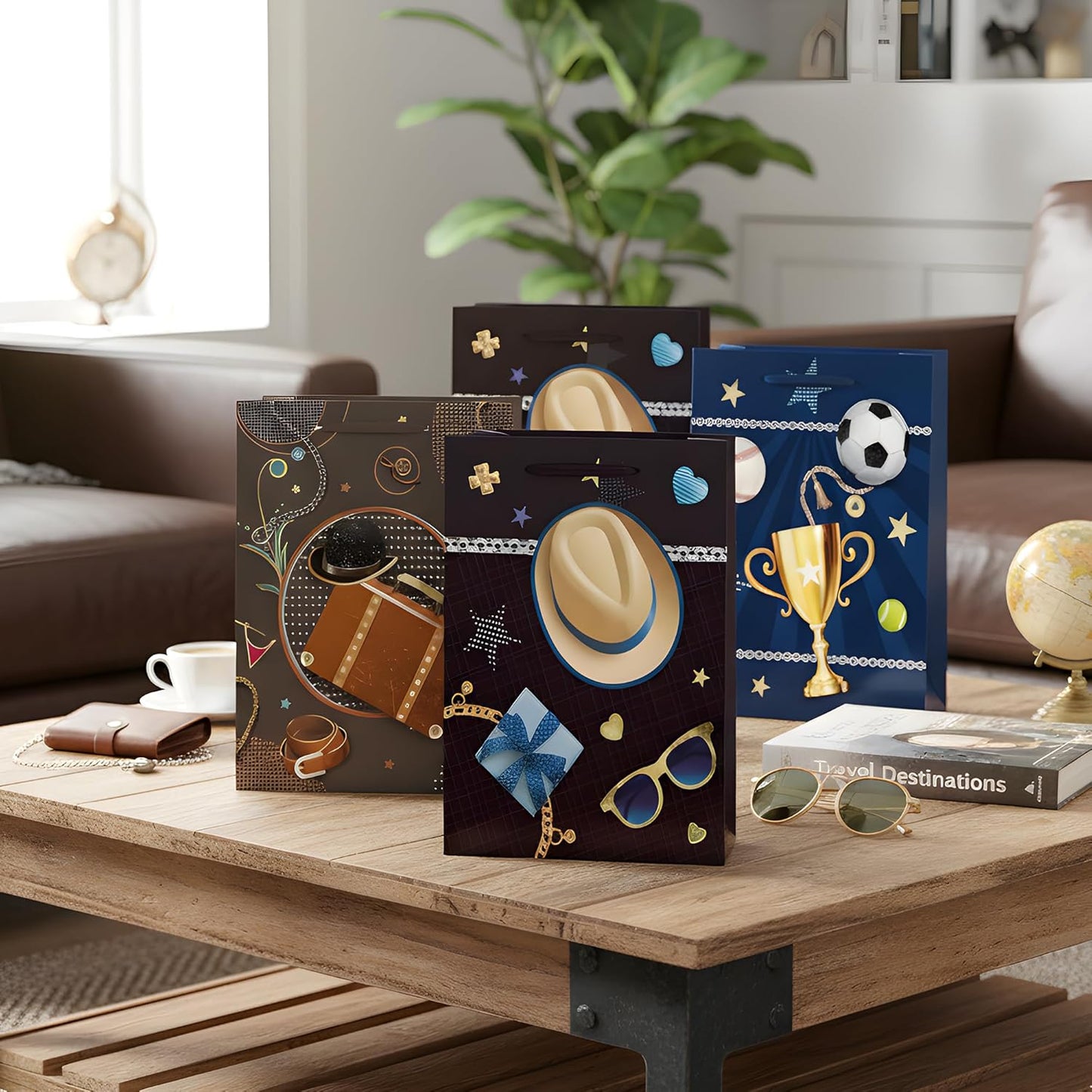 Four decorative boxes with various designs on a wooden table in a living room setting.