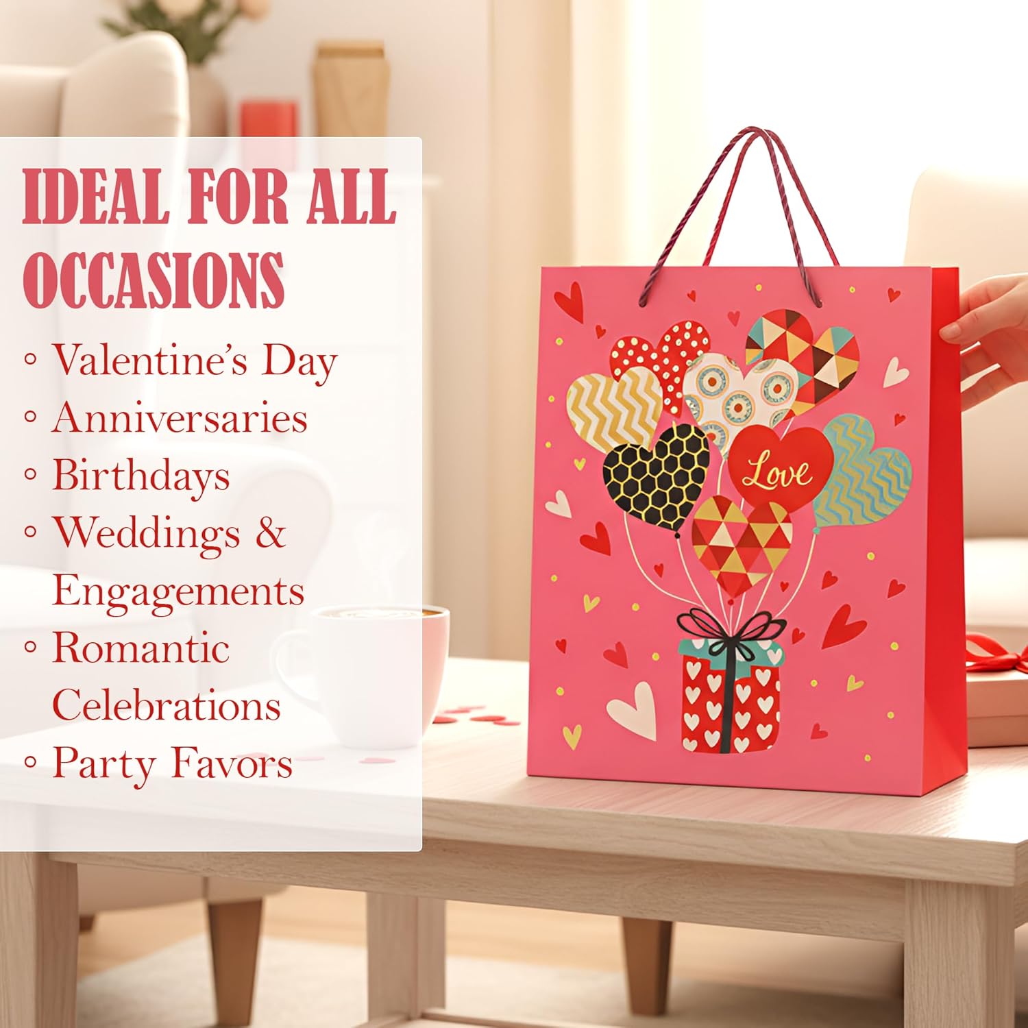 Pink gift bag with heart designs on a table, suitable for various occasions.