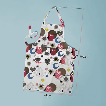 Children's apron with hedgehog pattern and measurement details on a blue background