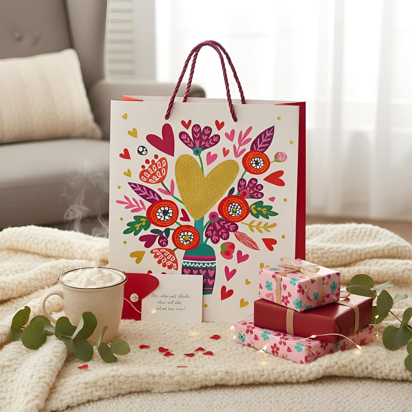 Decorative gift bag with floral design, presents, and a mug on a cozy blanket.