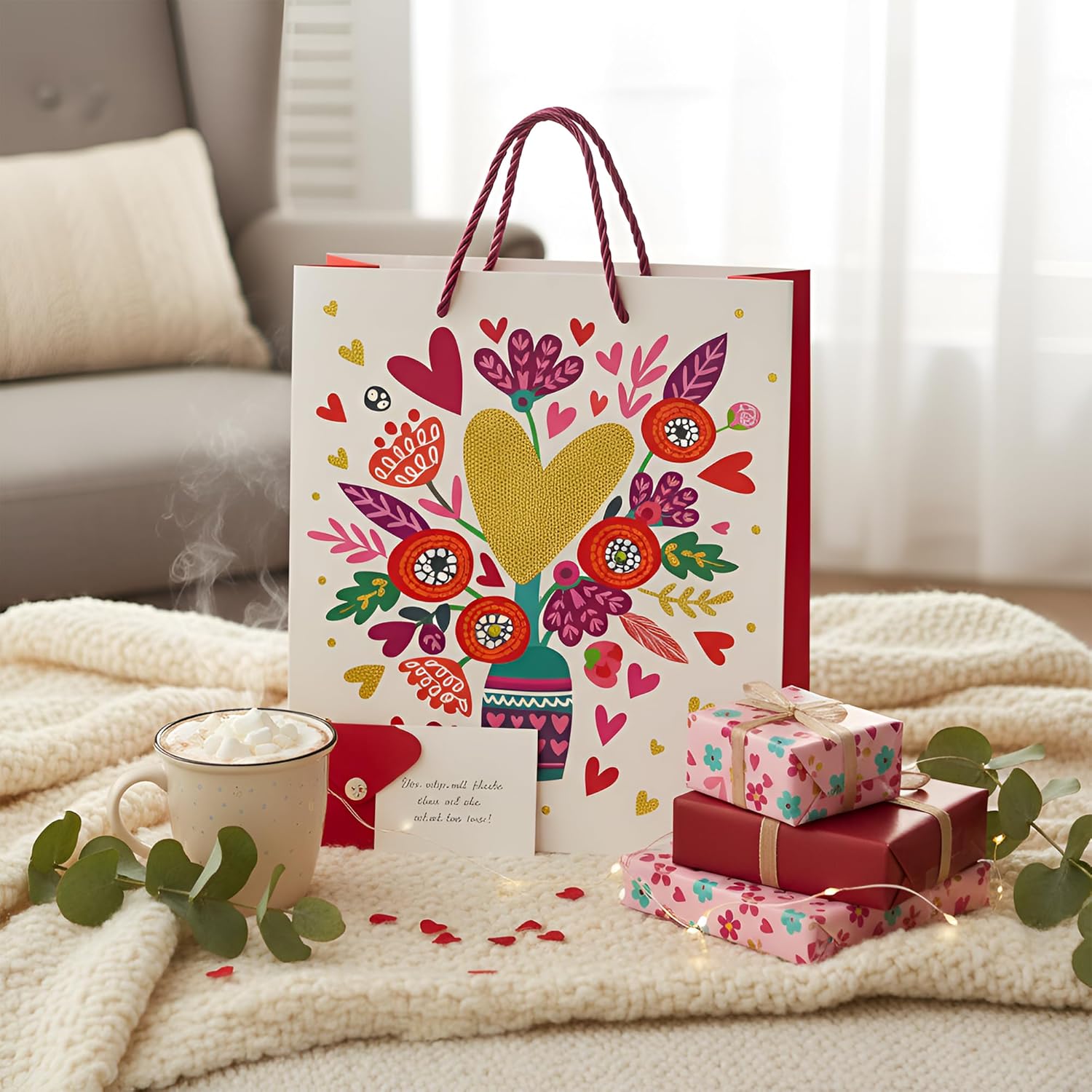 Decorative gift bag with floral design, presents, and a mug on a cozy blanket.