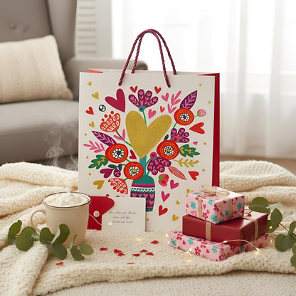 Decorative gift bag with floral design, presents, and a mug on a cozy blanket.