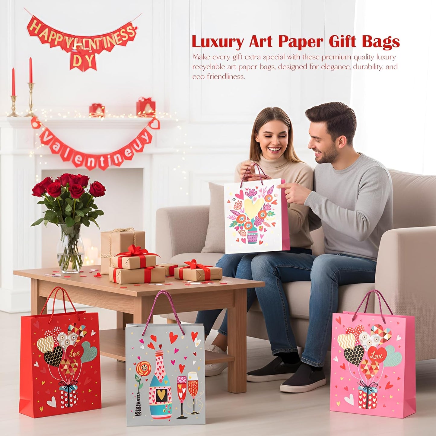 Couple sitting on a couch with Valentine's Day-themed gift bags and decorations.