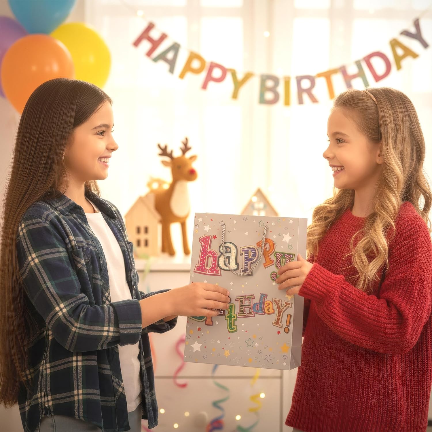 Two young girls celebrating a birthday with balloons and a 'Happy Birthday' sign.