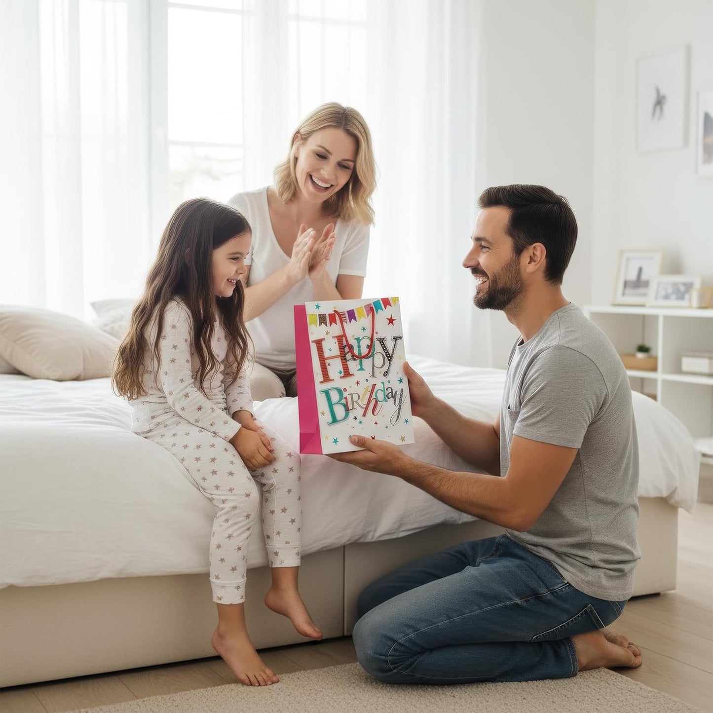 Man presenting a colorful birthday card to a young girl on a bed with a woman smiling in the background.