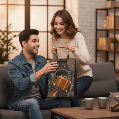 Man and woman sitting on a couch with a decorative gift bag, smiling.
