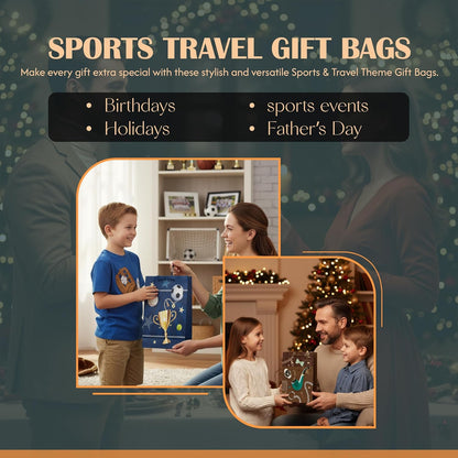 Advertisement for sports travel gift bags with family scenes and text about occasions.