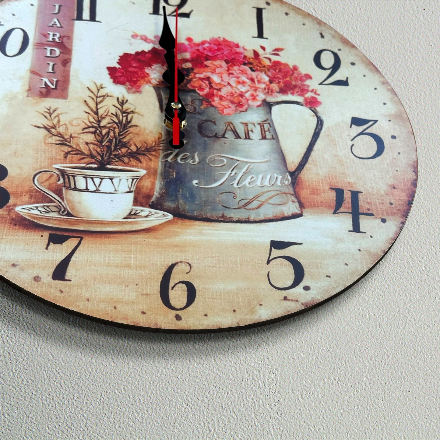 Ticking Round Shabby Chic Wall ClockCafe Cup and Flowers 