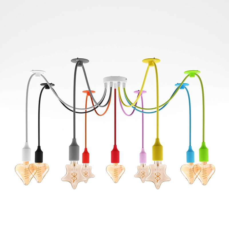 9-Light Spider Pendant – Multi-Colour Silicone Holders, E27 - With 9 Heart & Star LED Bulbs, Black, No Shade