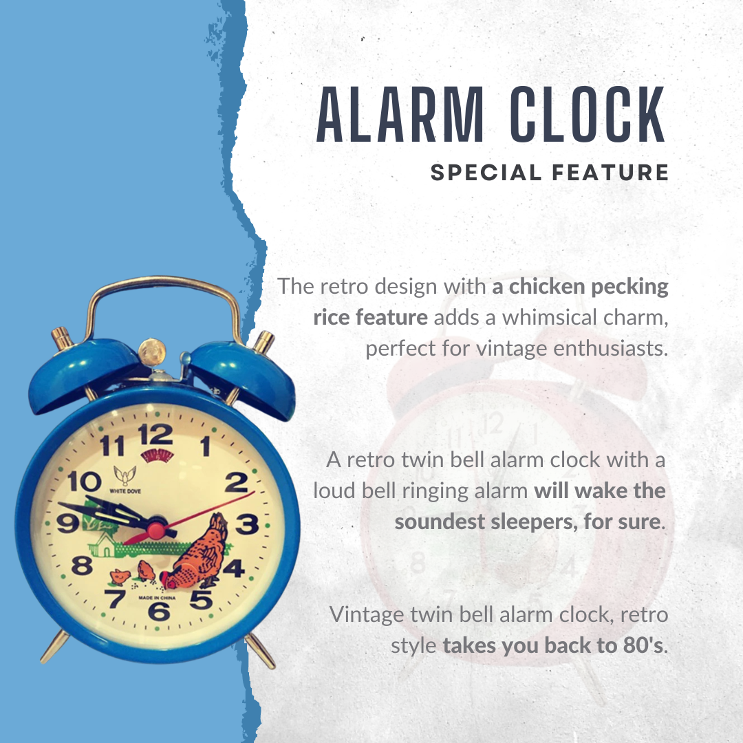 Twin Bell Clock Animated Rooster Small Bedside Alarm Clock ~1128