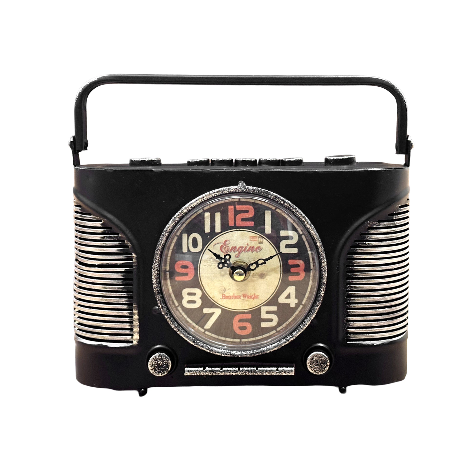 A black vintage-style analog desk clock with a radio design, placed on a wooden table next to a plant and a cup, with the text 'Unique Design' descriptive of its appearance.