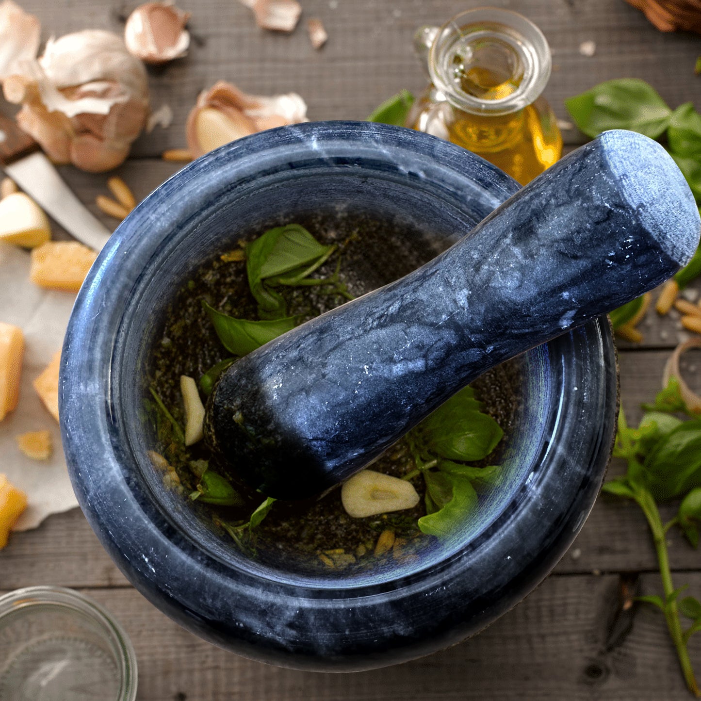 Garlic paste making marble mortar and pestle