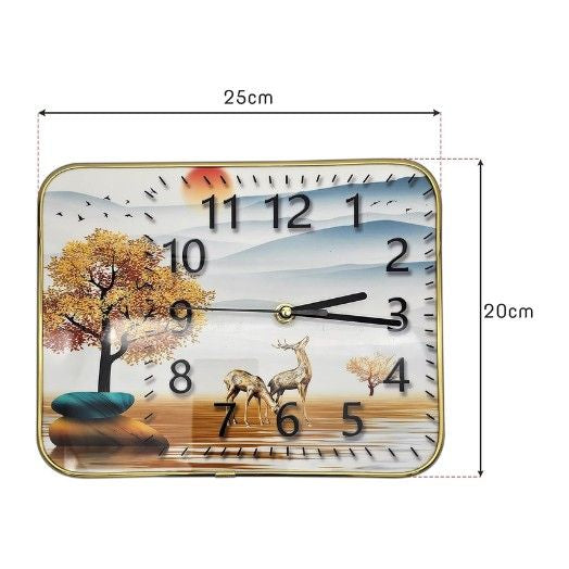 Decorative table clock with nature design and dimensions on a white background