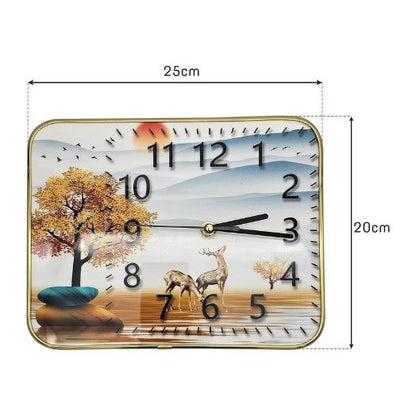 Decorative table clock with nature design and dimensions on a white background