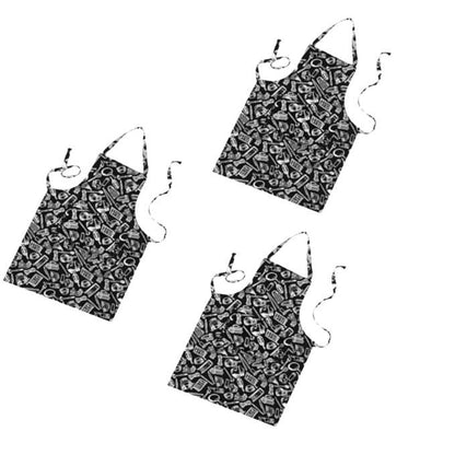 Three black aprons with a pattern on a white background