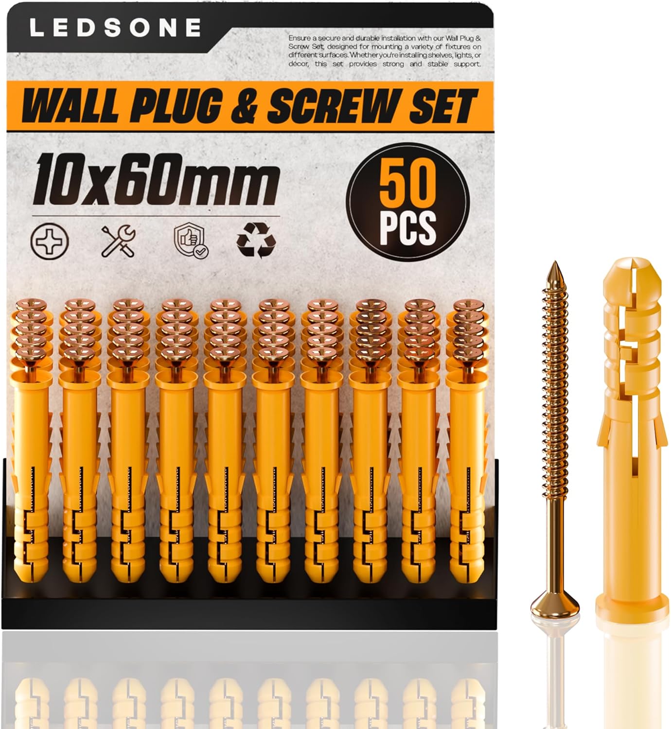 Yellow Wall Plugs and Screws 50pcs – Heavy Duty Raw Fixings for Masonry & Drywall~ 1162