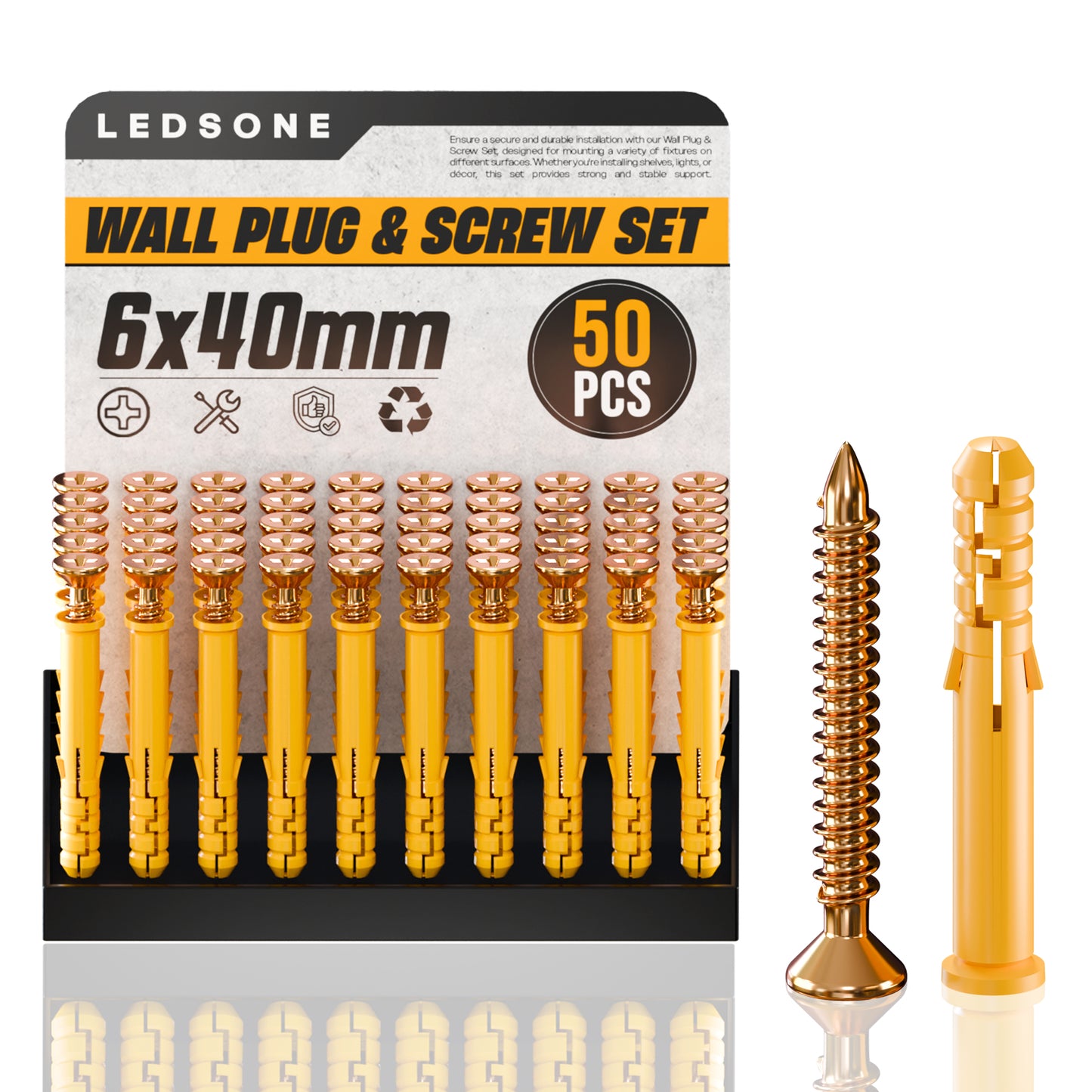 Yellow Wall Plugs and Screws 50pcs – Heavy Duty Raw Fixings for Masonry & Drywall~ 1162
