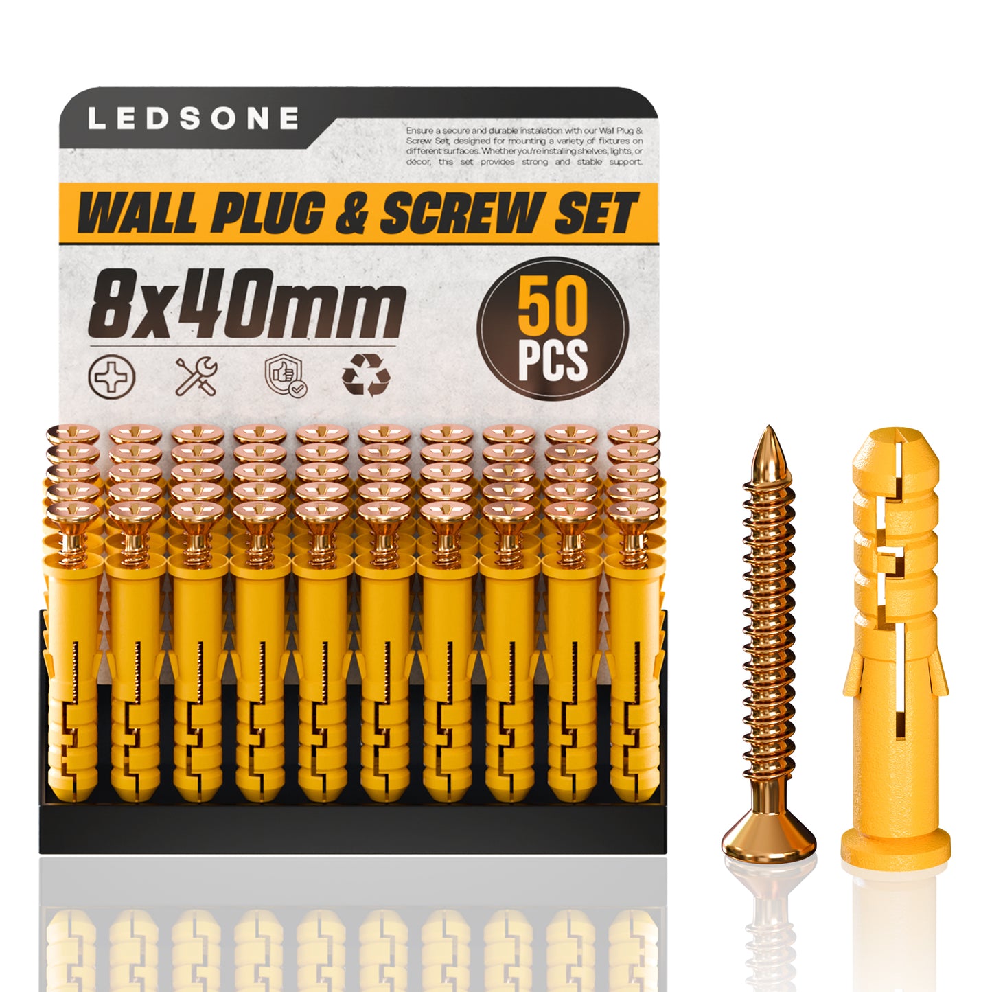 Yellow Wall Plugs and Screws 50pcs – Heavy Duty Raw Fixings for Masonry & Drywall~ 1162