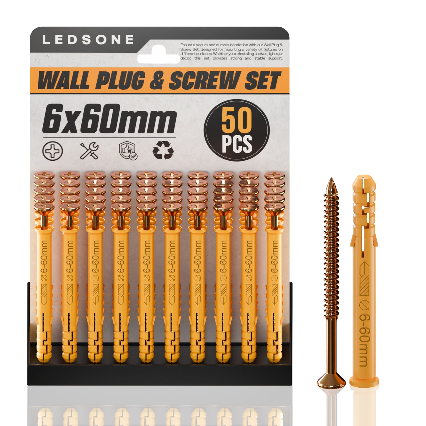 Yellow Wall Plugs and Screws 50pcs – Heavy Duty Raw Fixings for Masonry & Drywall~ 1162