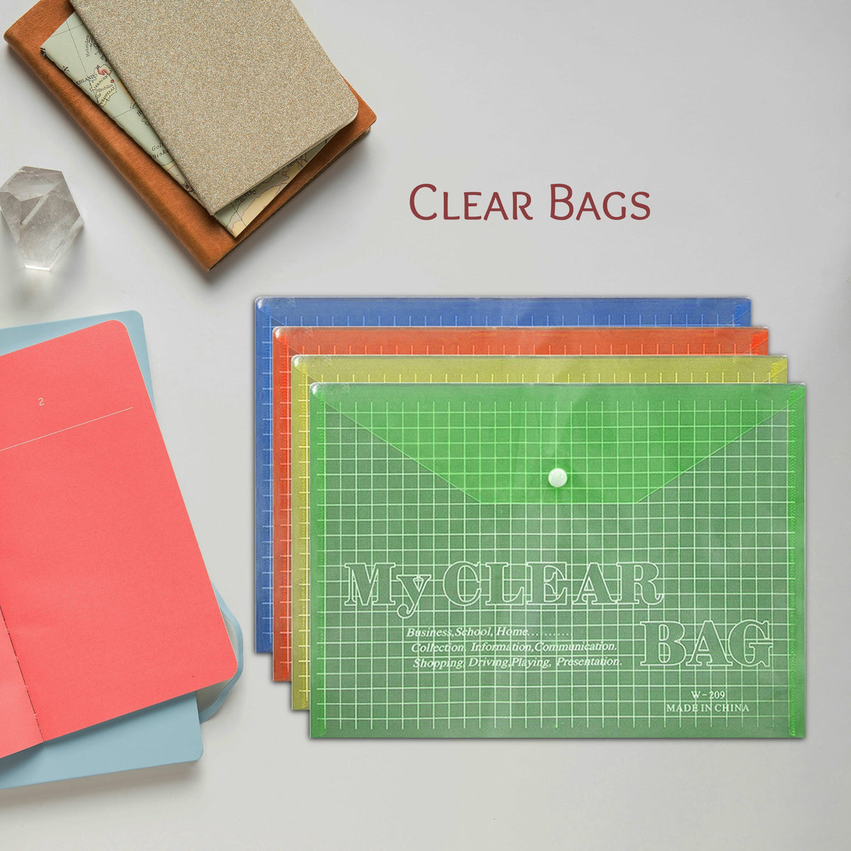 A4 Clear Snap-Button Document Envelopes – Pack of 12, Blue, Green or Yellow - photo 3