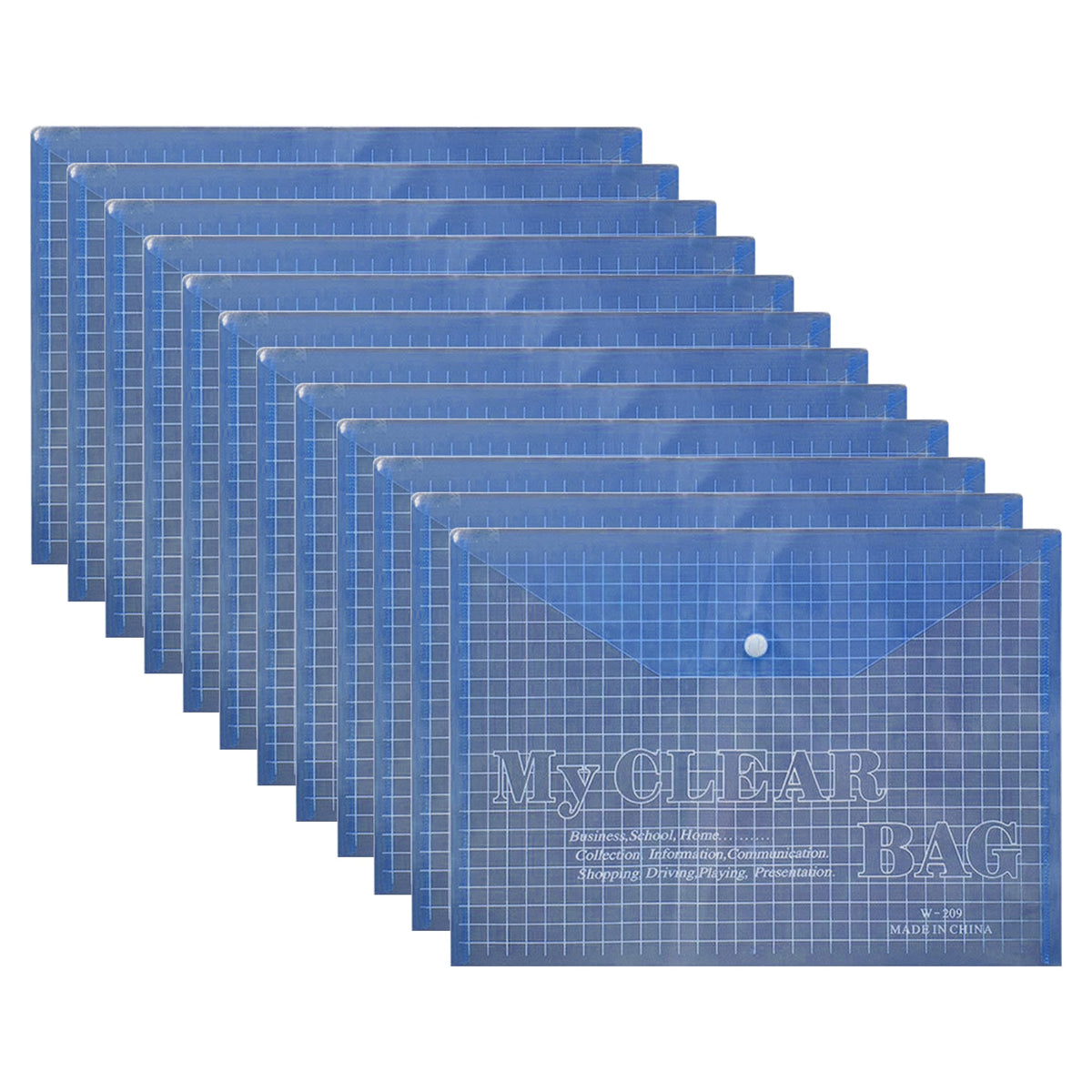 A4 Clear Snap-Button Document Envelopes – Pack of 12, Blue, Green or Yellow - Blue