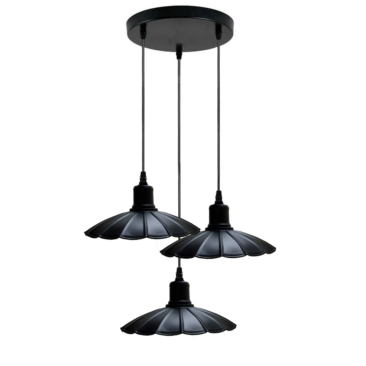 3-Light Cluster Pendant Kit – Black, 2 m Cables, With or Without Shades - Black, Scalloped Shade 22 cm Black, Without Bulb
