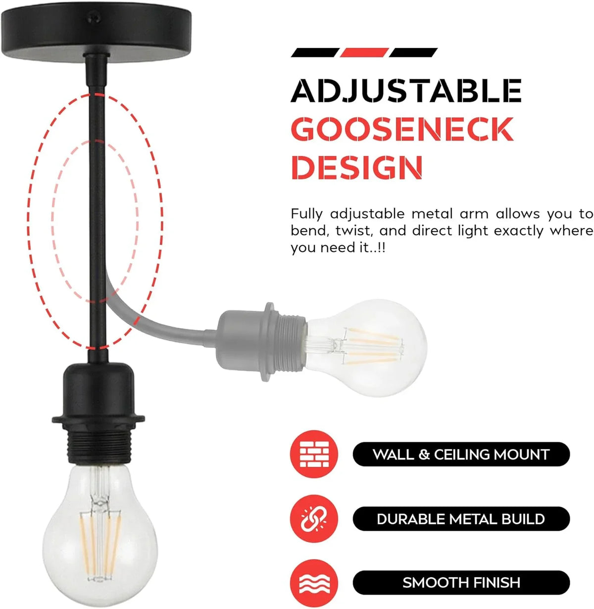 Flexible Gooseneck Wall & Ceiling Light – Black or White, E27 - photo 4