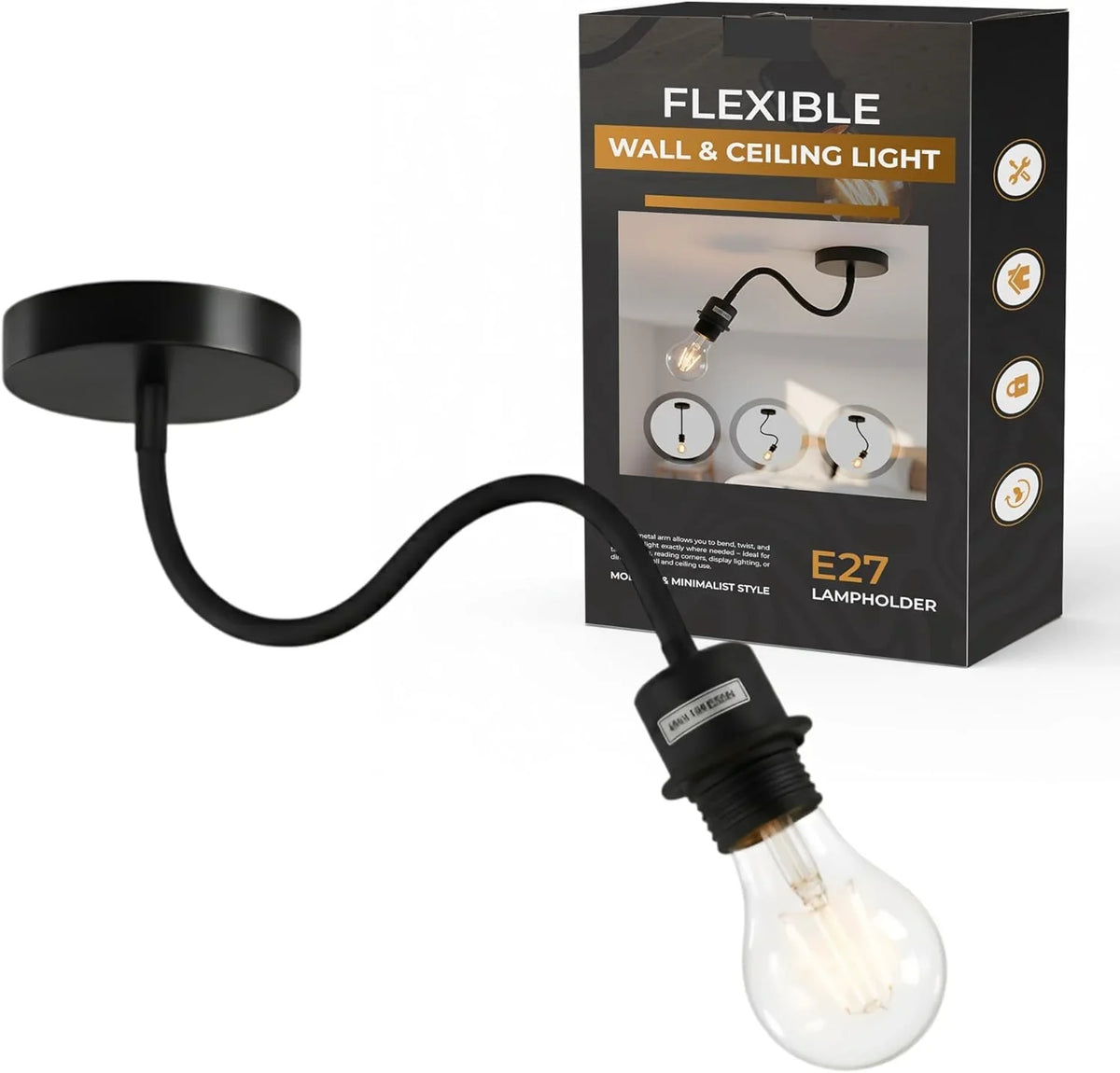 Flexible Gooseneck Wall & Ceiling Light – Black or White, E27 - Without Bulb, Black, No Shade